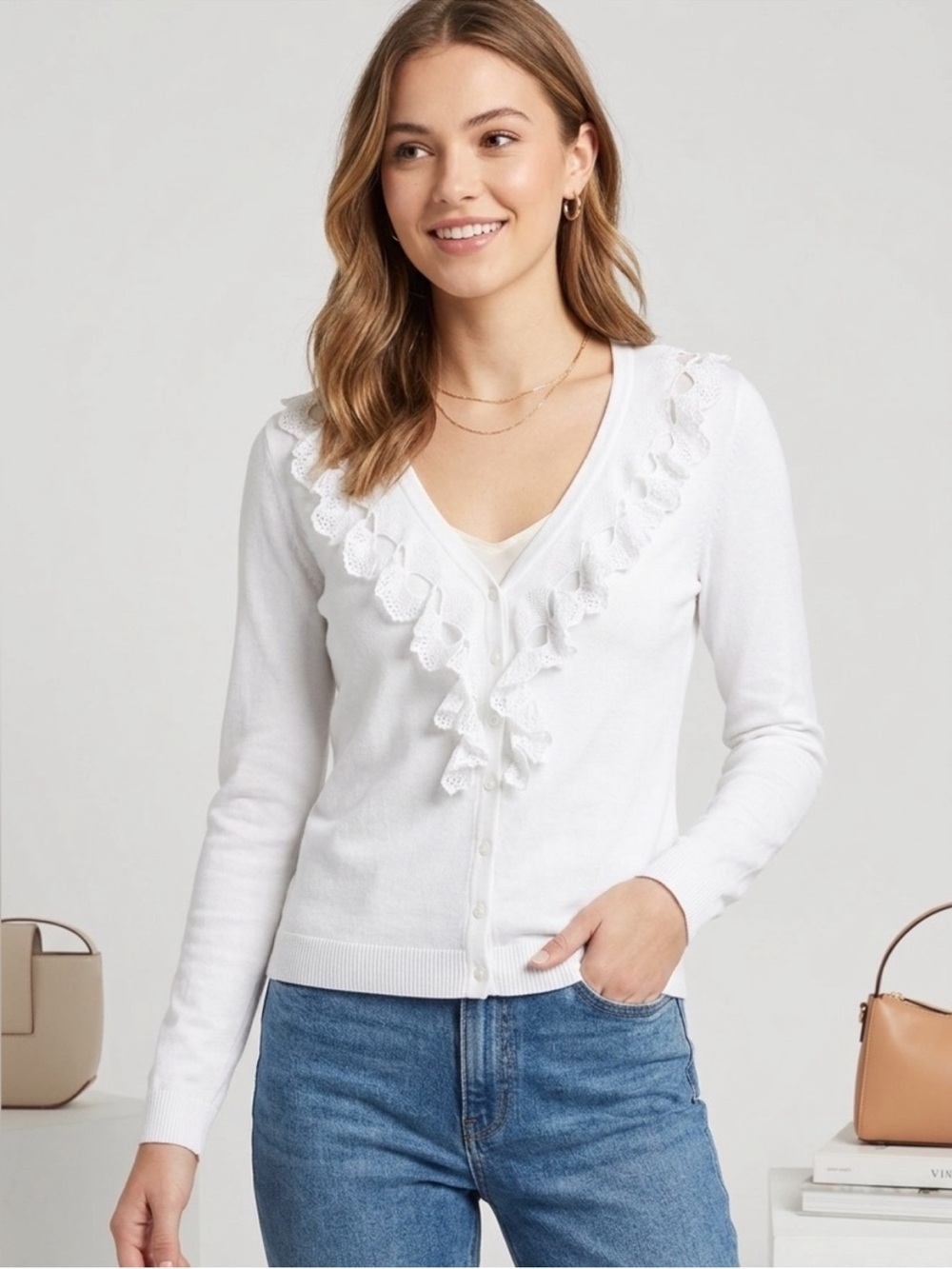 Talbots White Ruffle Front Pima Cotton Cardigan Cottage Romantic Coquette